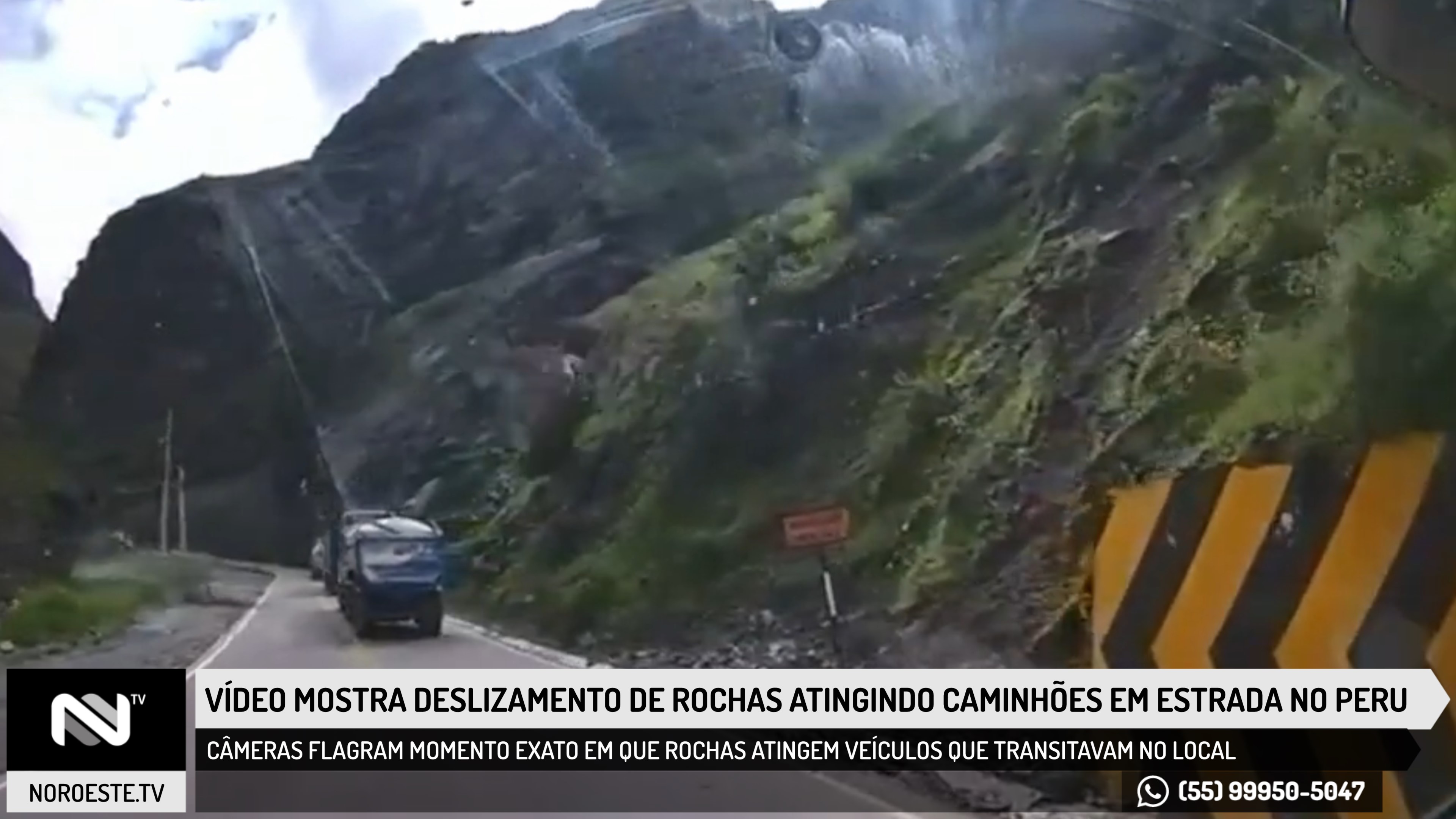 Vídeo mostra deslizamento de rochas atingindo caminhões em estrada no Peru