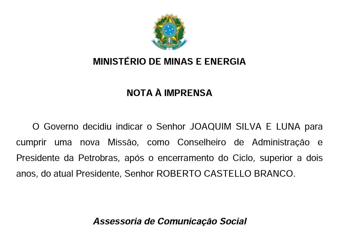 Em nota à imprensa, Bolsonaro anuncia novo presidente da Petrobras - Foto: Reprodução